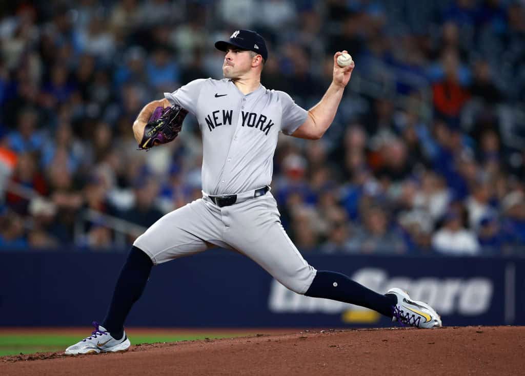 Carlos Rodon #55 of the New York Yankees delivers a pitch in the second inning during a game against the Toronto Blue Jays at Rogers Centre on April 16, 2024 in Toronto, Ontario, Canada.