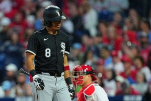 Nicky Lopez #8 of the Chicago White Sox reacts after striking out in the top of the sixth inning against the Philadelphia Phillies at Citizens Bank Park on April 20, 2024 in Philadelphia, Pennsylvania. The Phillies defeated the White Sox 9-5.