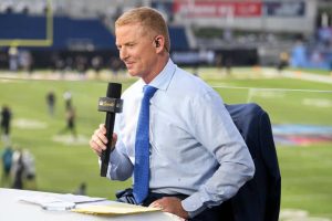 NBC Sports analyst Jason Garrett looks on prior to the 2022 Pro Hall of Fame Game between the Jacksonville Jaguars and the Las Vegas Raiders at Tom Benson Hall of Fame Stadium on August 04, 2022 in Canton, Ohio.