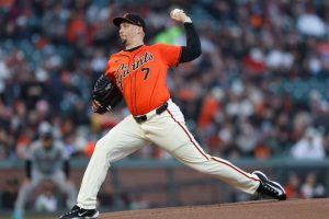 Blake Snell #7 of the San Francisco Giants pitches in the top of the first inning against the Arizona Diamondbacks at Oracle Park on April 19, 2024 in San Francisco, California.