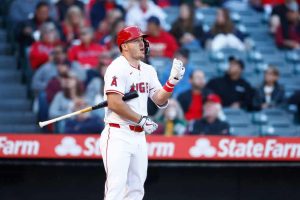 Mike Trout #27 of the Los Angeles Angels at Angel Stadium of Anaheim on April 23, 2024 in Anaheim, California.