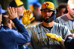 Gary Sánchez #99 of the Milwaukee Brewers celebrates his solo home run with teammates during the eighth inning against the Pittsburgh Pirates at PNC Park on April 23, 2024 in Pittsburgh, Pennsylvania.