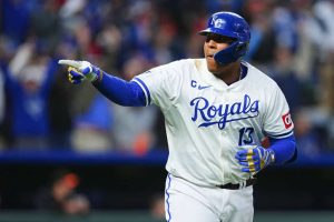 Salvador Perez #13 of the Kansas City Royals reacts after hitting a home run during the sixth inning against the Baltimore Orioles at Kauffman Stadium on April 20, 2024 in Kansas City, Missouri.