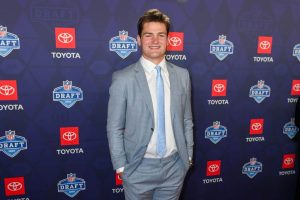 Drake Maye arrives to the 2024 NFL Draft at the Fox Theatre on April 25, 2024 in Detroit, Michigan.