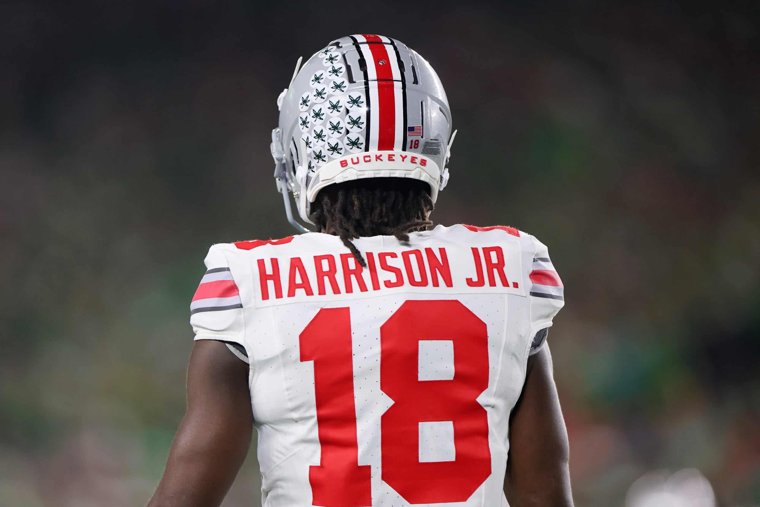 SOUTH BEND, INDIANA - SEPTEMBER 23: Marvin Harrison Jr. #18 of the Ohio State Buckeyes in action against the Notre Dame Fighting Irish during the first half at Notre Dame Stadium on September 23, 2023 in South Bend, Indiana.