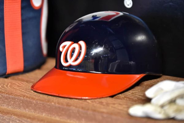 A detailed view of a Washington Nationals batting helmet in the dugout before the start of the game against the Miami Marlins at Marlins Park on May 27, 2018 in Miami, Florida.