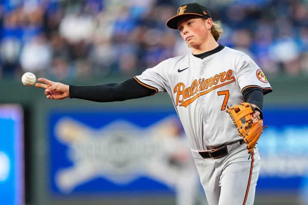 Jackson Holliday #7 of the Baltimore Orioles throws a Kansas City Royals runner out at first during the second inning at Kauffman Stadium on April 19, 2024 in Kansas City, Missouri.