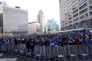 Fans gather prior to the first round of the 2024 NFL Draft at Campus Martius Park and Hart Plaza on April 25, 2024 in Detroit, Michigan.