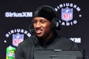 Michael Penix Jr. speaks on SiriusXM at Super Bowl LVIII on February 08, 2024 in Las Vegas, Nevada.