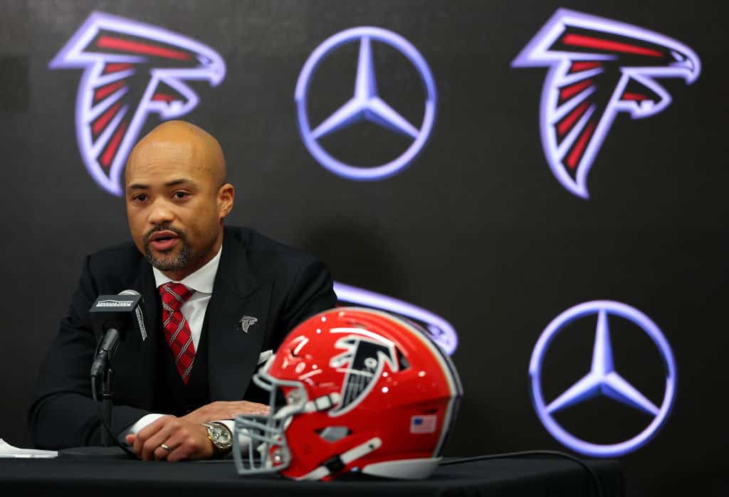 General manager Terry Fontenot of the Atlanta Falcons speaks to the media as Raheem Morris is introduced as the head coach of the Atlanta Falcons at Mercedes-Benz Stadium on February 05, 2024 in Atlanta, Georgia.