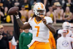 Quarterback Joe Milton III #7 of the Tennessee Volunteers passes in the first half against the Missouri Tigers at Faurot Field/Memorial Stadium on November 11, 2023 in Columbia, Missouri.