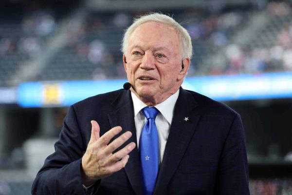 INGLEWOOD, CALIFORNIA - OCTOBER 16: Dallas Cowboys owner and general manager Jerry Jones speaks on the ESPN set before the game between the Dallas Cowboys and the Los Angeles Chargers at SoFi Stadium on October 16, 2023 in Inglewood, California.