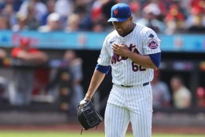 Jose Quintana #62 of the New York Mets reacts after striking out Willson Contreras #40 of the St. Louis Cardinals to end the top of the eighth inning at Citi Field on April 28, 2024 in New York City.