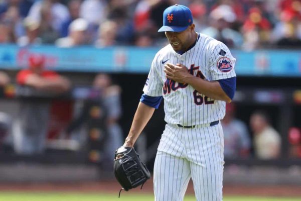 Jose Quintana #62 of the New York Mets reacts after striking out Willson Contreras #40 of the St. Louis Cardinals to end the top of the eighth inning at Citi Field on April 28, 2024 in New York City.