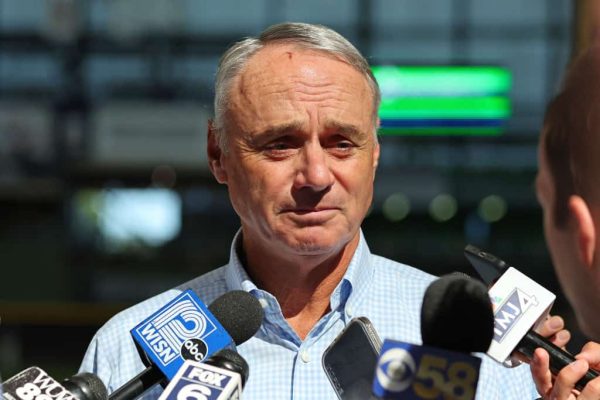 mmissioner Rob Manfred speaks to the media prior to a game between the Milwaukee Brewers and the San Francisco Giants at American Family Field on May 25, 2023 in Milwaukee, Wisconsin.