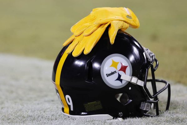 A detail of Gunner Olszewski #89 of the Pittsburgh Steelers helmet prior to the game against the Baltimore Ravens at M&T Bank Stadium on January 01, 2023 in Baltimore, Maryland.