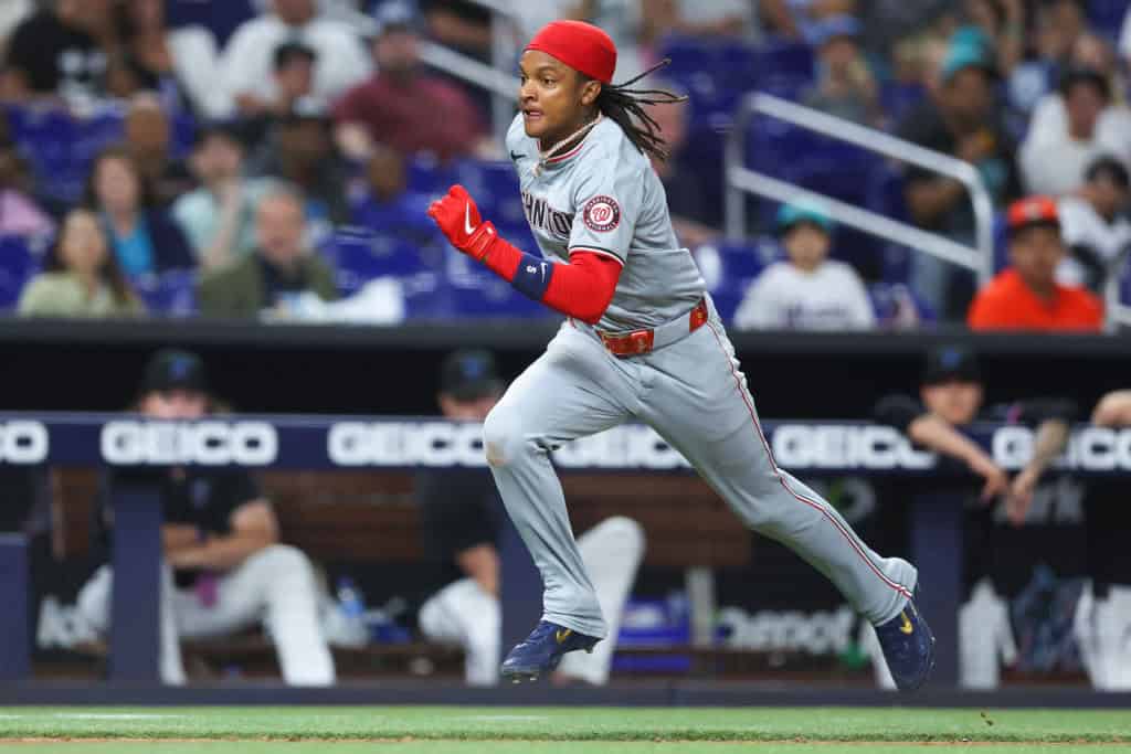CJ Abrams #5 of the Washington Nationals runs home to score a run against the Miami Marlins during the eighth inning of the game at loanDepot park on April 26, 2024 in Miami, Florida.