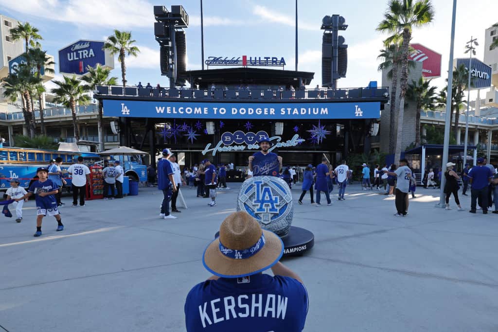 Fans gather outside Dodger Stadium before Game Two of the Division Series between the Los Angeles Dodgers and the Arizona Diamondbacks on October 09, 2023 in Los Angeles, California.