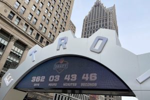 The countdown clock at Campus Martius on Woodward Avenue for the 2024 NFL Draft.