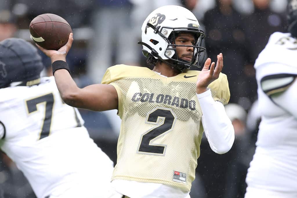 Quarterback Shedeur Sanders #2 of the Colorado Buffaloes throws during their spring game at Folsom Field on April 27, 2024 in Boulder, Colorado.