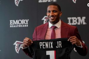 Atlanta Falcons first round draft pick quarterback Michael Penix Jr talks to the media at a press conference introducing him at the Falcons training complex.