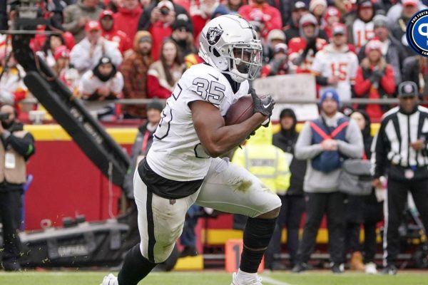 Las Vegas Raiders running back Zamir White (35) runs the ball against the Kansas City Chiefs during the game at GEHA Field at Arrowhead Stadium.