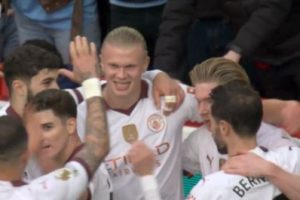 Erling Haaland doubles Man City's lead with weak foot finish