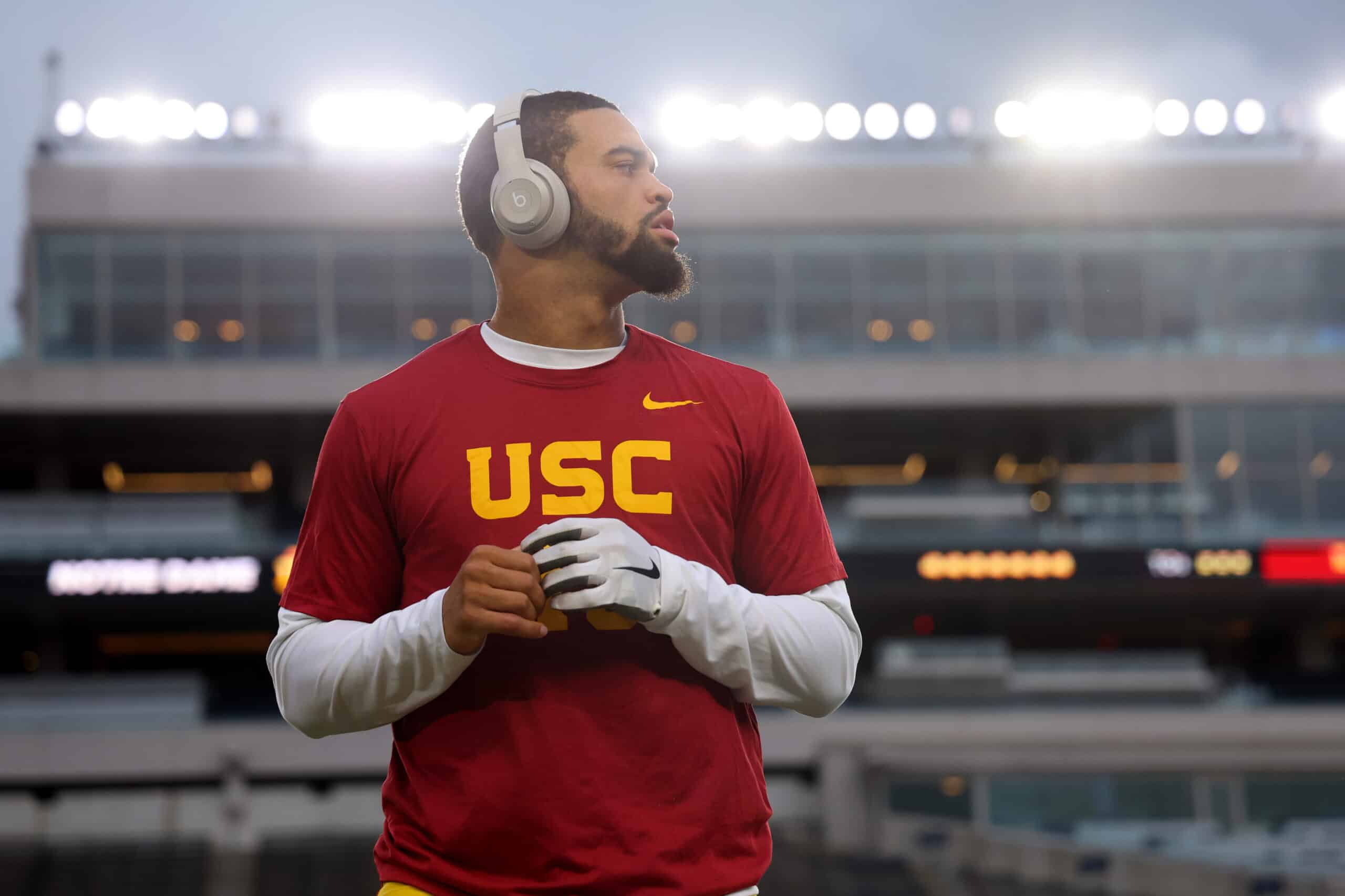 SOUTH BEND, INDIANA - OCTOBER 14: Caleb Williams #13 of the USC Trojans warms up prior to the game against the Notre Dame Fighting Irish at Notre Dame Stadium on October 14, 2023 in South Bend, Indiana.