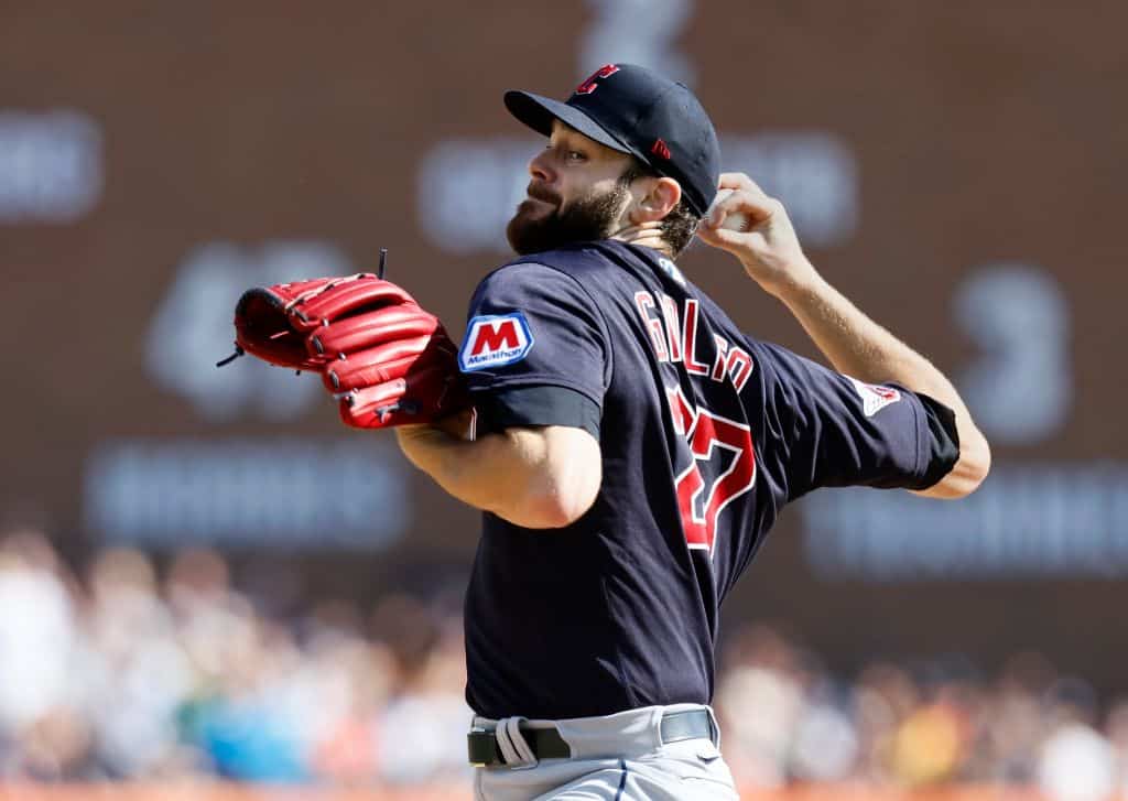 Lucas Giolito #27 of the Cleveland Guardians pitches against the Detroit Tigers during the first inning at Comerica Park on October 1, 2023 in Detroit, Michigan.
