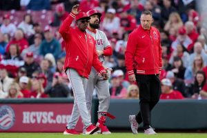 Anthony Rendon #6 of the Los Angeles Angels leaves the game after being injured in the first inning against the Cincinnati Reds at Great American Ball Park on April 20, 2024 in Cincinnati, Ohio.
