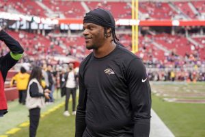 SANTA CLARA, CALIFORNIA - DECEMBER 25: Lamar Jackson #8 of the Baltimore Ravens looks on prior to a game against the San Francisco 49ers at Levi