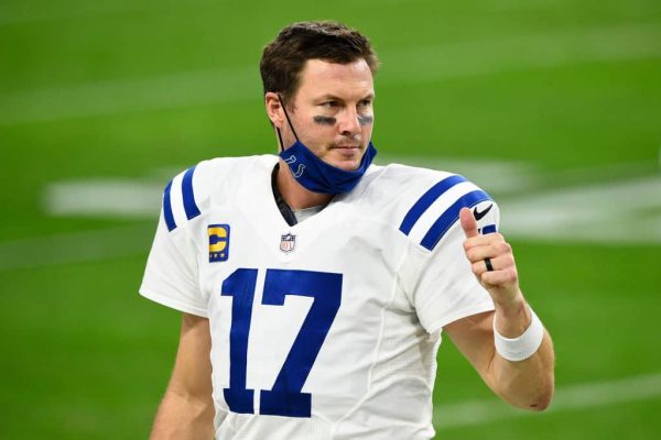 Quarterback Philip Rivers #17 of the Indianapolis Colts gives a thumbs-up on the sidelines in the second half of their game against the Las Vegas Raiders at Allegiant Stadium on December 13, 2020 in Las Vegas, Nevada.