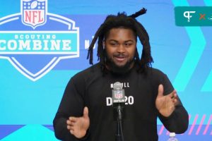 Illinois defensive lineman Johnny Newton (DL20) speaks at a press conference at the NFL Scouting Combine at Indiana Convention Center.