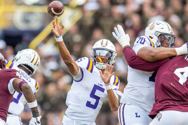 Quarterback Jayden Daniels 5 as the LSU Tigers take on Texas A&M in Tiger Stadium in Baton Rouge, Louisiana, November 25, 2023.