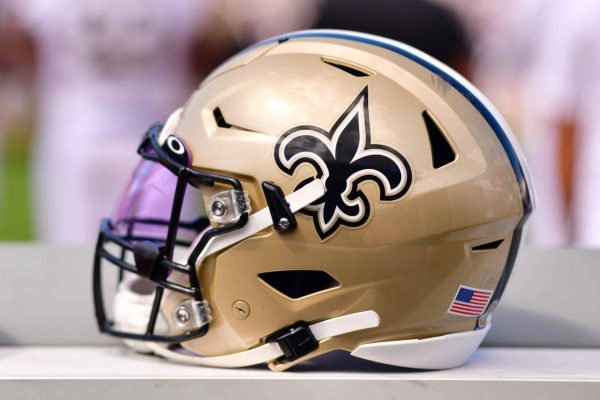 A New Orleans Saints helmet is seen on the bench during the game between the New Orleans Saints and the Jacksonville Jaguars at TIAA Bank Field on October 13, 2019 in Jacksonville, Florida.