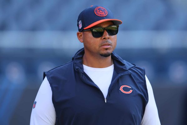 General Manager Ryan Poles of the Chicago Bears looks on prior to a game against the Denver Broncos at Soldier Field on October 01, 2023 in Chicago, Illinois.