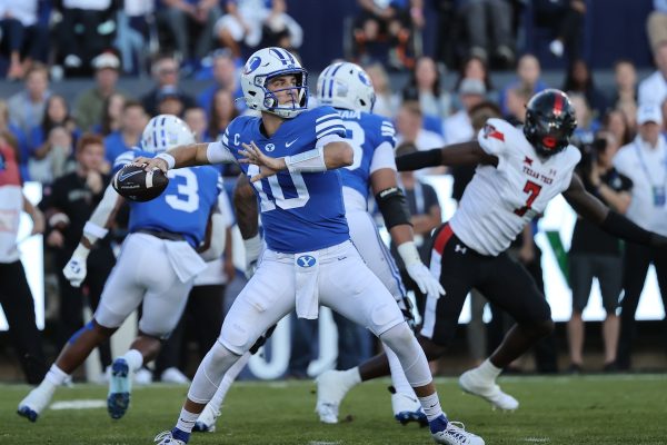 BYU Cougars quarterback Kedon Slovis (10) throws a pass against the Texas Tech Red Raiders.