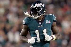 A.J. Brown #11 of the Philadelphia Eagles looks on against the Kansas City Chiefs during the second half in Super Bowl LVII at State Farm Stadium on February 12, 2023 in Glendale, Arizona.