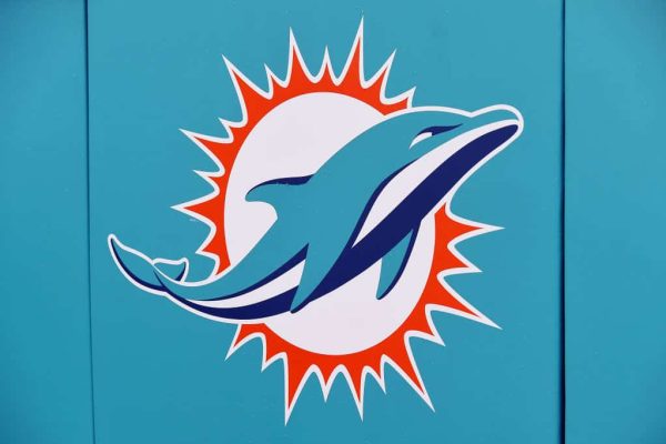 A detail of the Miami Dolphins logo before the game between the New York Jets and the Miami Dolphins at Hard Rock Stadium on December 19, 2021 in Miami Gardens, Florida.