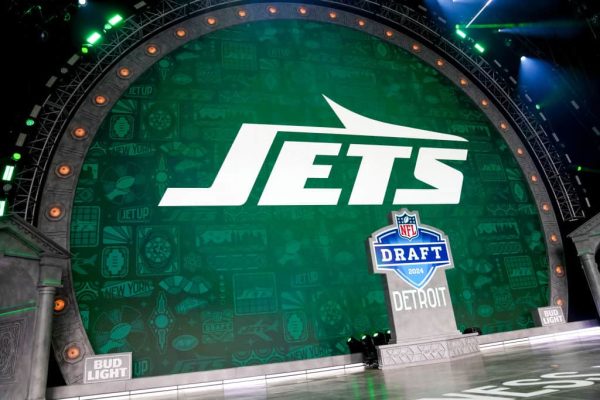 A detail of the New York Jets during the last pick of round seven of the 2024 NFL draft at Campus Martius Park and Hart Plaza on April 27, 2024 in Detroit, Michigan.