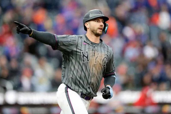 Pete Alonso #20 of the New York Mets celebrates his fifth inning two-run home run against the St. Louis Cardinals at Citi Field on April 27, 2024 in New York City. The home run was the 200th of Alonso
