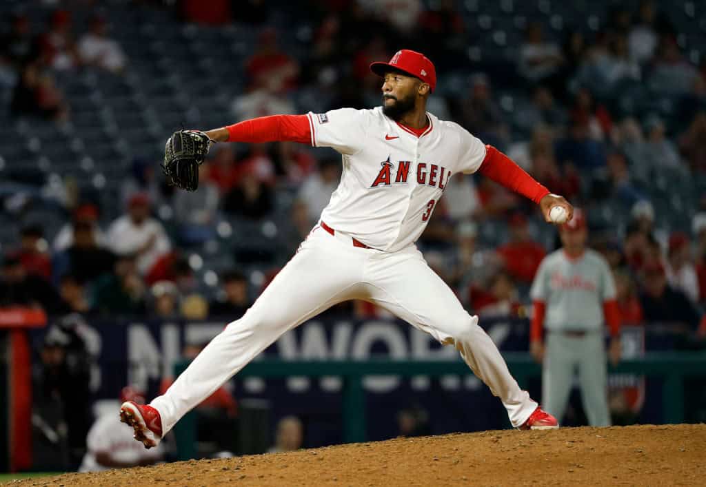 Relief pitcher Amir Garrett #32 of the Los Angeles Angels throws against the Philadelphia Phillies during the ninth inning at Angel Stadium of Anaheim on April 30, 2024 in Anaheim, California.