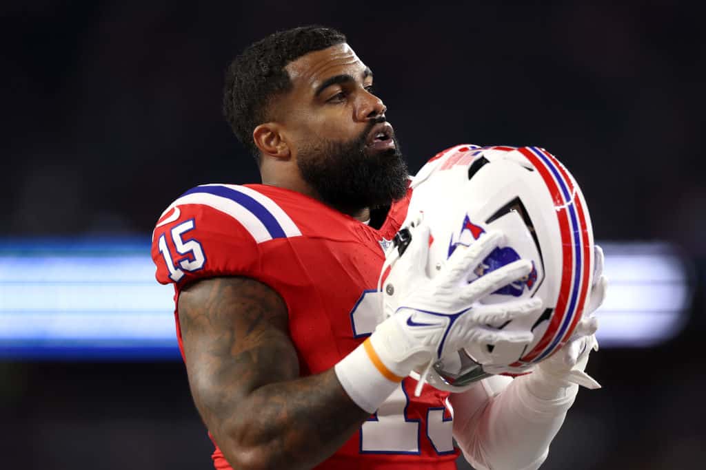 Ezekiel Elliott #15 of the New England Patriots looks on prior to a game against the Miami Dolphins at Gillette Stadium on September 17, 2023 in Foxborough, Massachusetts.