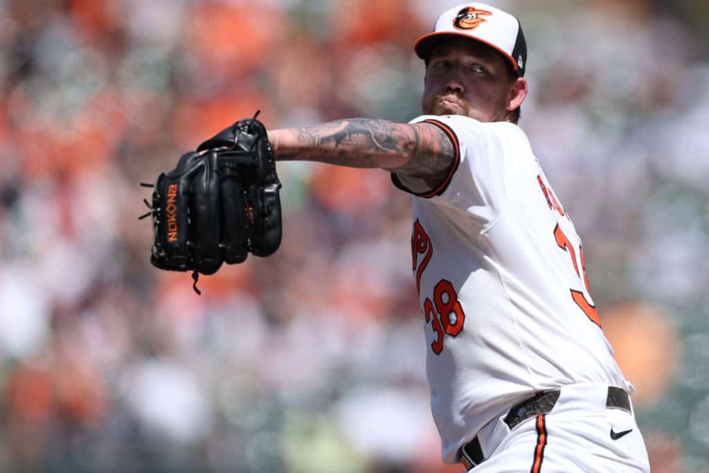 Starting pitcher Kyle Bradish #38 of the Baltimore Orioles works the third inning against the New York Yankees at Oriole Park at Camden Yards on May 2, 2024 in Baltimore, Maryland.