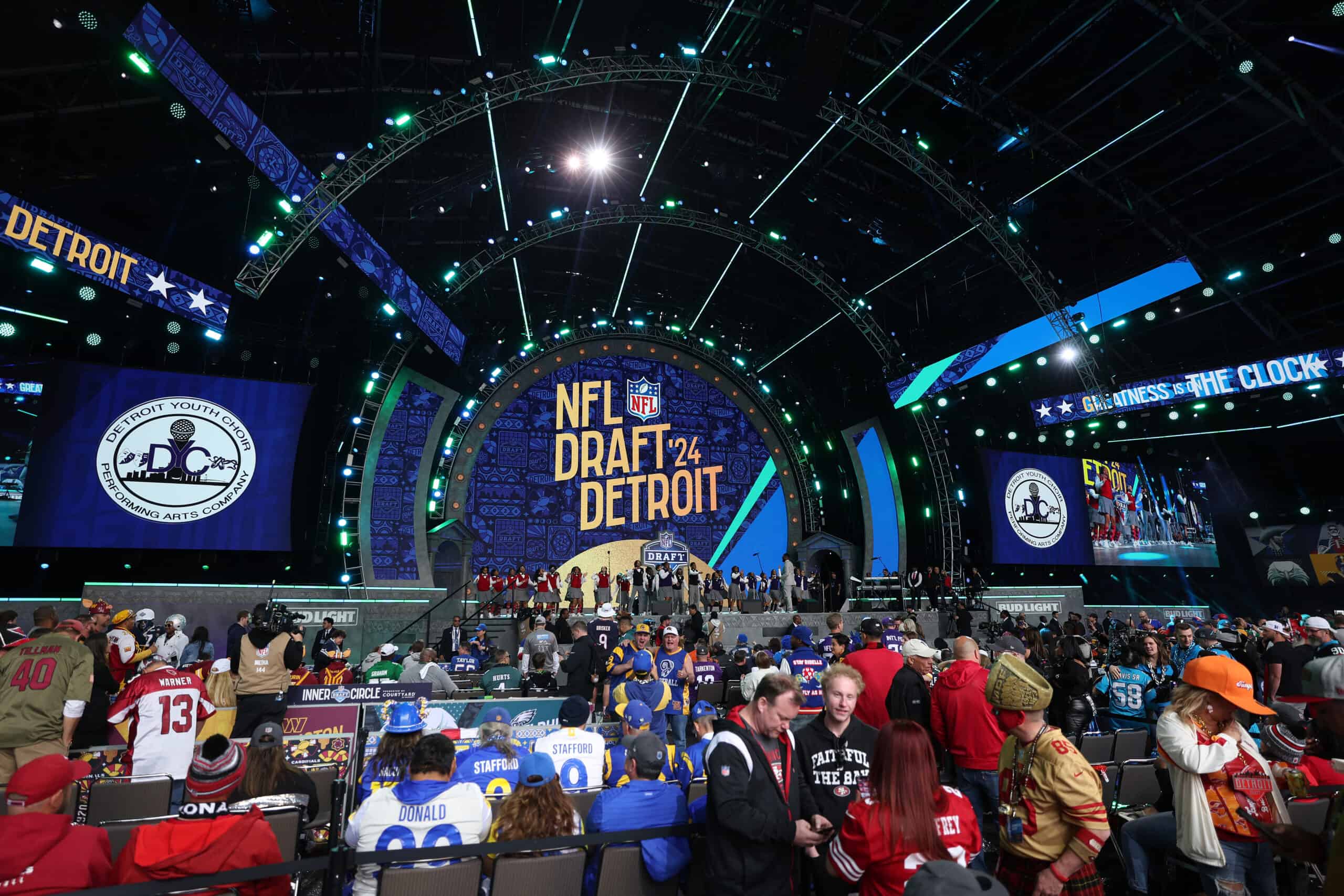 DETROIT, MICHIGAN - APRIL 26: The Detroit Youth Choir performs prior to the start of night two of the 2024 NFL draft at Campus Martius Park on April 26, 2024 in Detroit, Michigan.