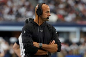 ARLINGTON, TEXAS - SEPTEMBER 17: New York Jets head coach Robert Saleh on the sidelines during the second quarter against the Dallas Cowboys at AT&T Stadium on September 17, 2023 in Arlington, Texas