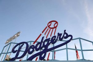 General view of a Los Angeles Dodgers sign at Dodger Stadium on December 14, 2023 in Los Angeles, California.