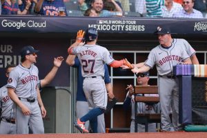 Jose Altuve #27 of the Houston Astros celebrates after scoring a home run on the third inning during the MLB World Tour Mexico City Series between the Houston Astros and the Colorado Rockies at Estadio Alfredo Harp Helú on April 28, 2024 in Mexico City, Mexico.