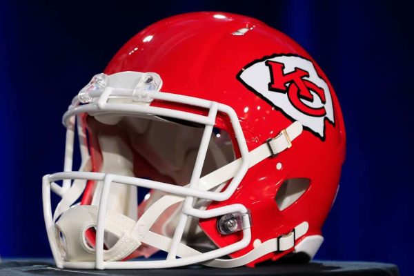 A Kansas City Chiefs helmet is displayed prior to a press conference with NFL Commissioner Roger Goodell for Super Bowl LIV at the Hilton Miami Downtown on January 29, 2020 in Miami, Florida. The San Francisco 49ers will face the Chiefs in the 54th playing of the Super Bowl, Sunday February 2nd.