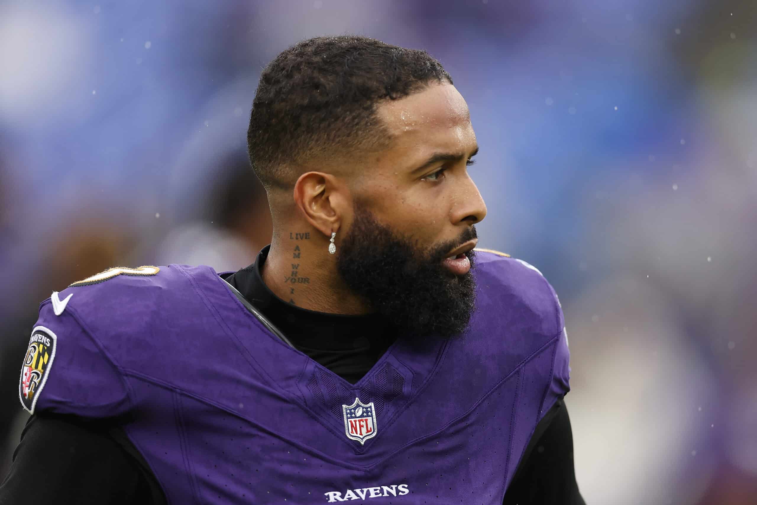 BALTIMORE, MARYLAND - DECEMBER 10: Odell Beckham Jr. #3 of the Baltimore Ravens looks on prior to the game against the Los Angeles Rams at M&T Bank Stadium on December 10, 2023 in Baltimore, Maryland.